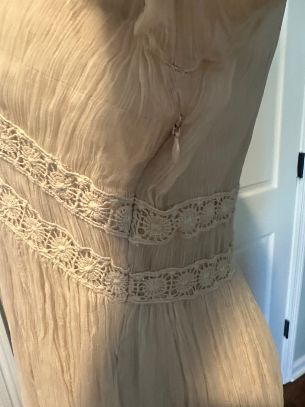 EUC Sundance Sz 12 Gauzy 2-piece Boho Lace-Trim Long Sleeve Midi Dress in Beige - Picture 6 of 11